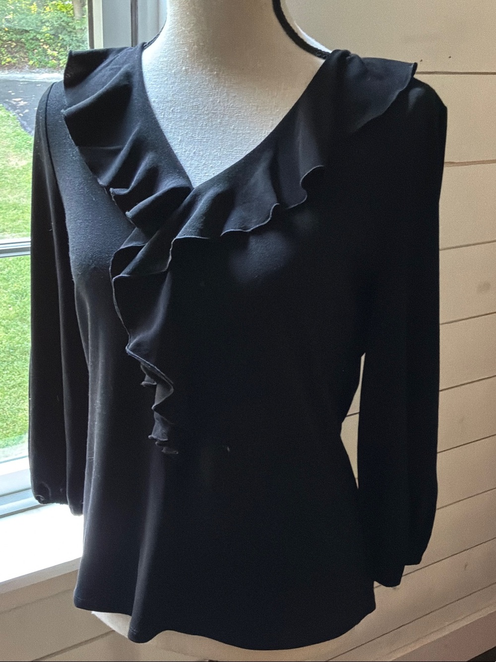 Adrianna Papell Black Ruffle V-Neck Long Sleeve Blouse